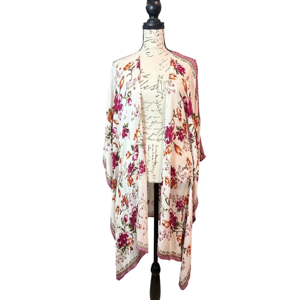 Forever 21 Cream Floral Kimono Cardigan Womens M/L Boho‎ Open Front Cover Up